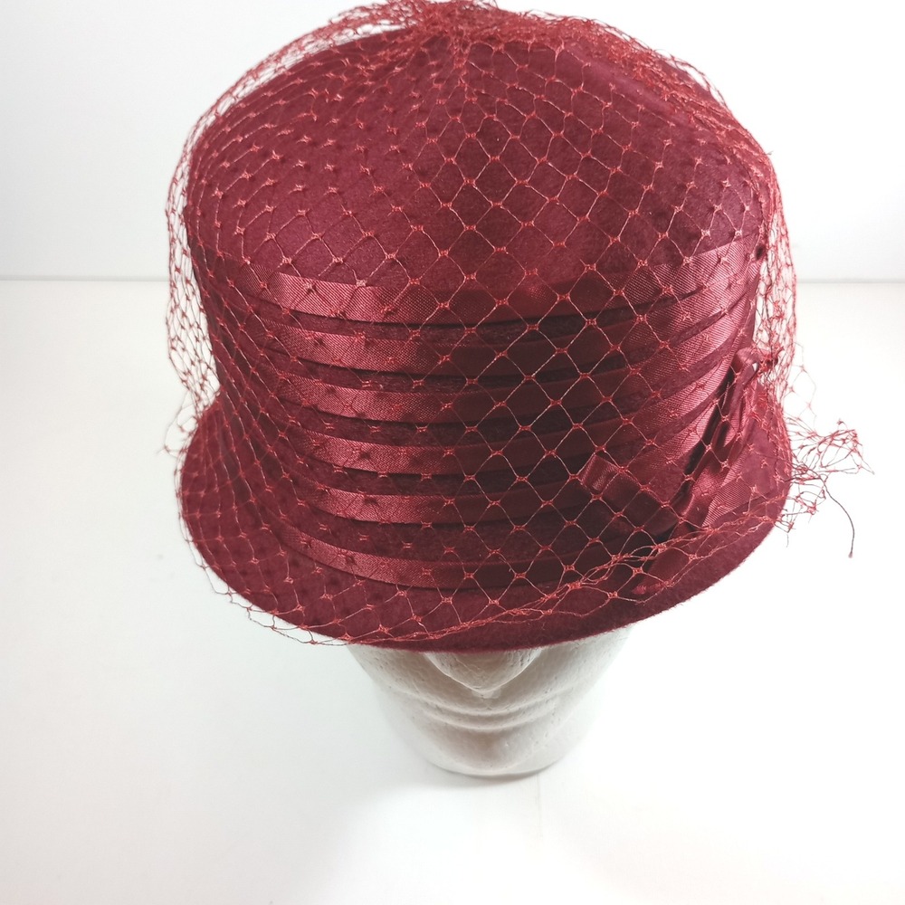 Vintage Miss Becky Womens Pillbox Hat Burgundy Wool Felt Birdcage Veil Ribbon - Picture 6 of 9